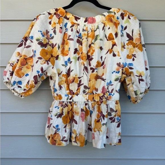 Abercrombie & Fitch Floral linen Peplum Blouse Small Puff Sleeve Cottagecore - Picture 3 of 6
